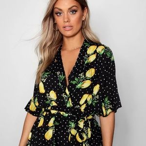 Boohoo Lemon Polka Dot Wrap Ruffle Romper